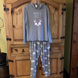 Women’s Love First Sight gray blue pink cat 2 piece hooded pajamas set size L